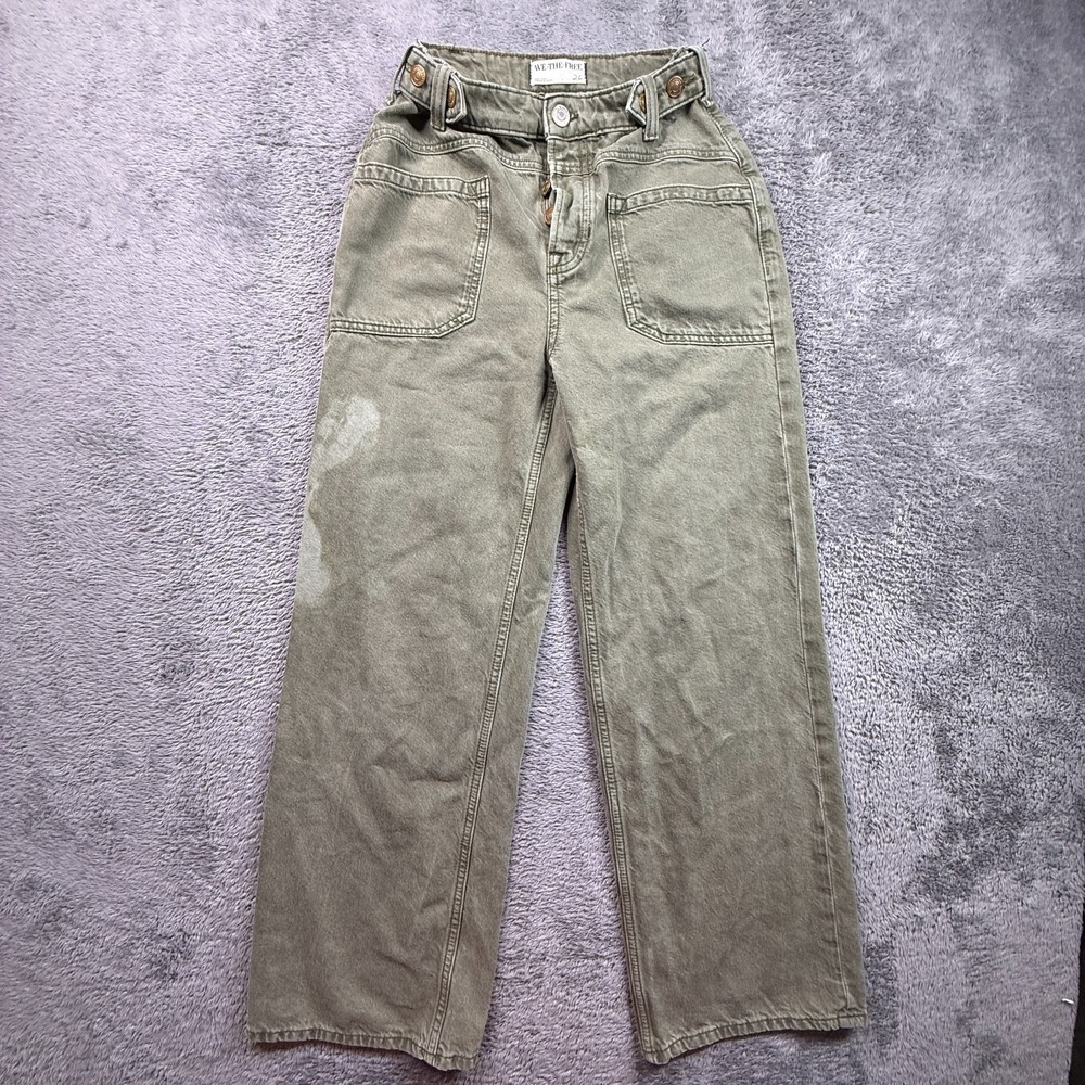 FREE PEOPLE We The Free Wide-Leg Jeans Olive Green Womens 26 Button Fly Cinch